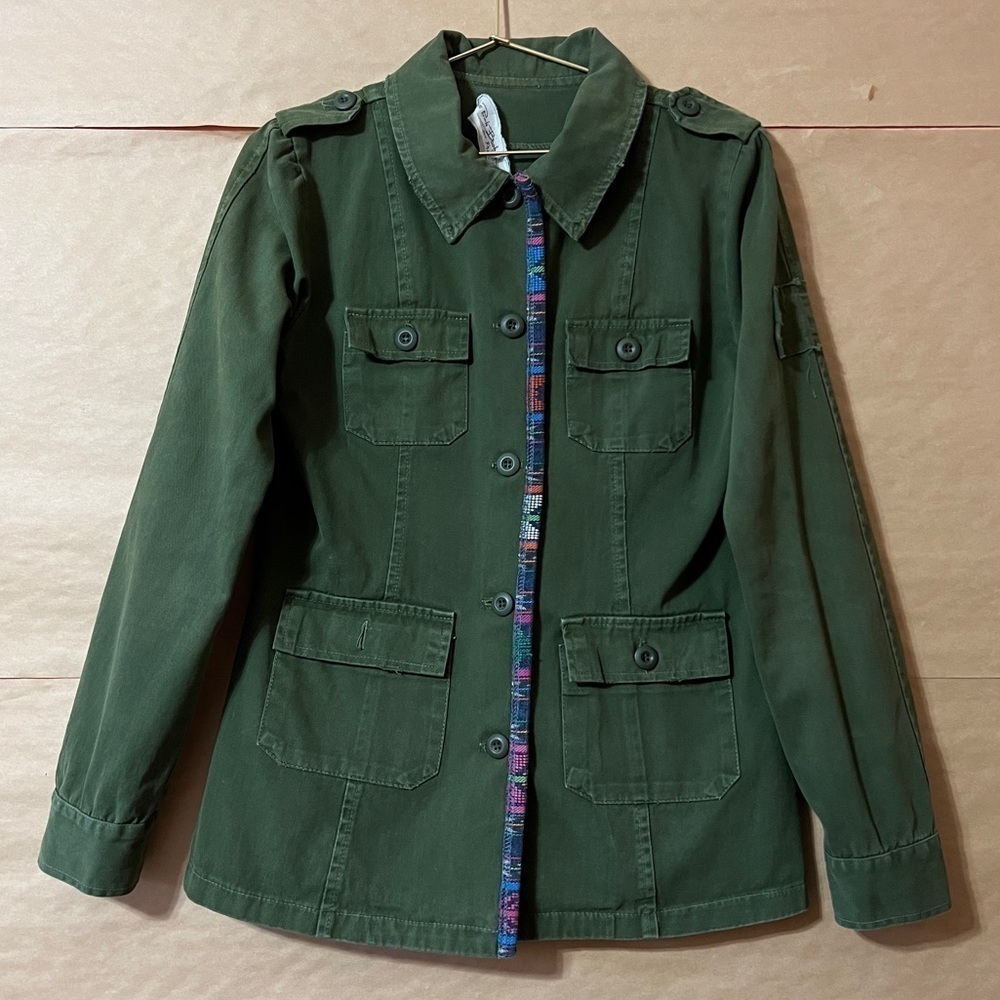 Jen's Pirate Booty x Free People Military Utility Jacket Boho Trim Green Size S